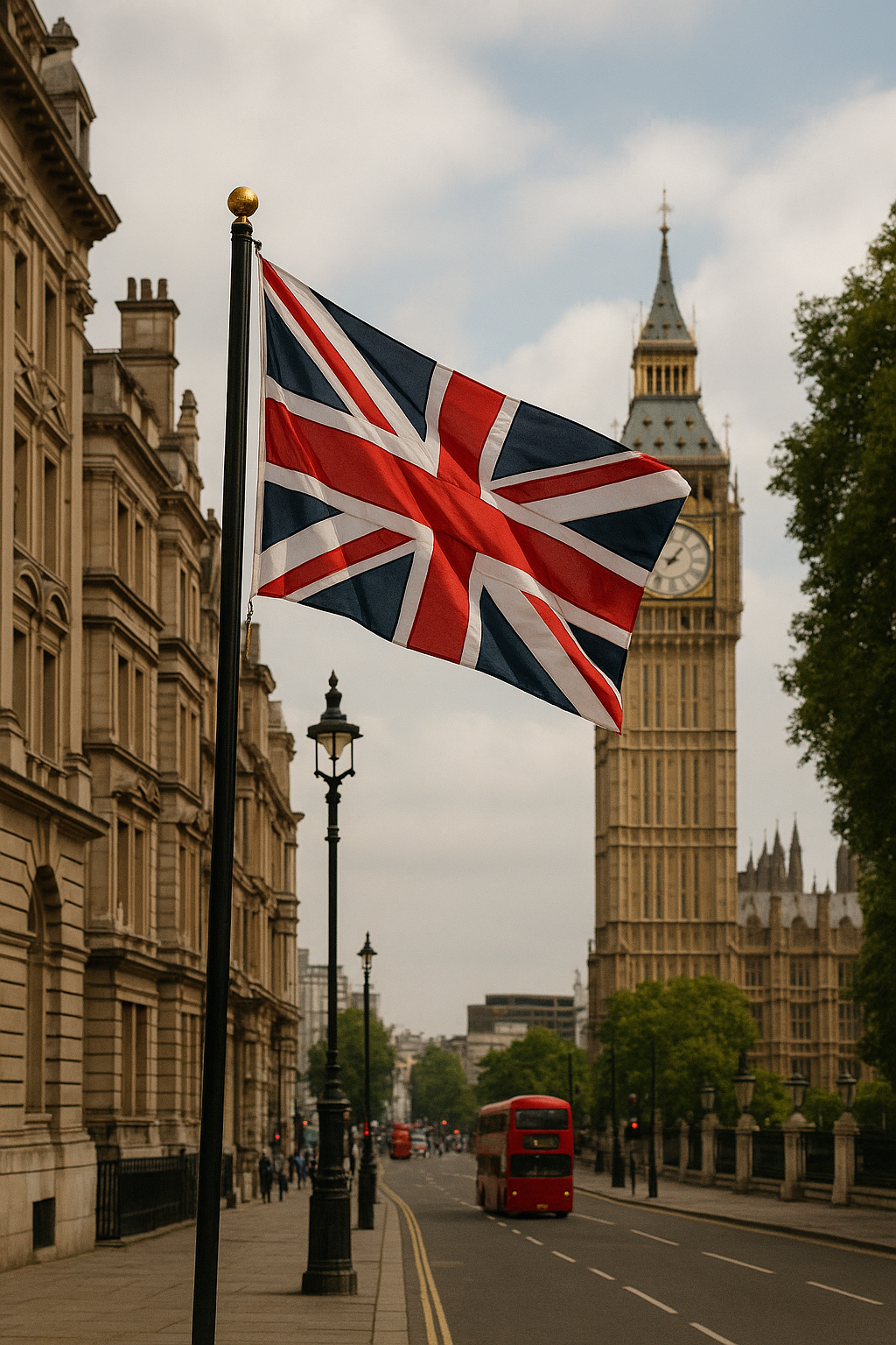 Union Jack flag waving in front of Big Ben and a red double-decker bus on a street in London.