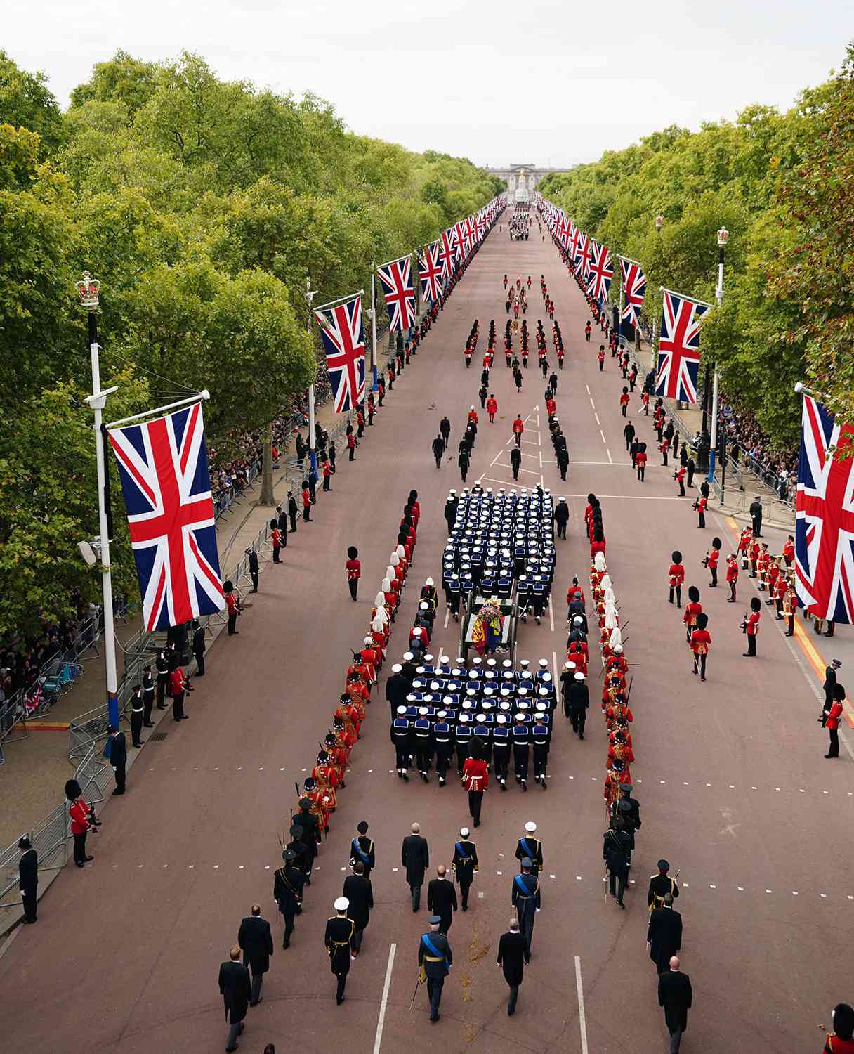 Military parade with British flags on a wide street lined with trees
